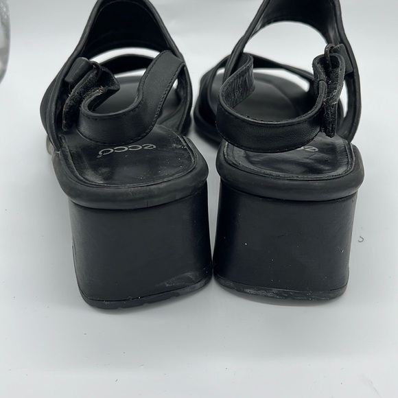 ECCO Black Strappy Leather Canvas Block Heel Open Toed Sandals Size 7 - Picture 9 of 14